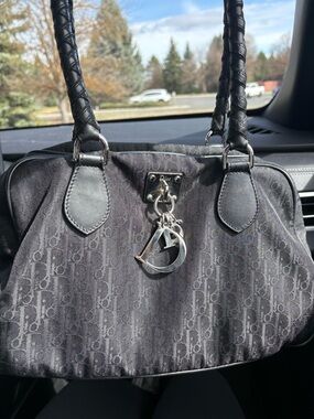 Dior Black Signature Canvas Shoulder Bag with Silver Charm
